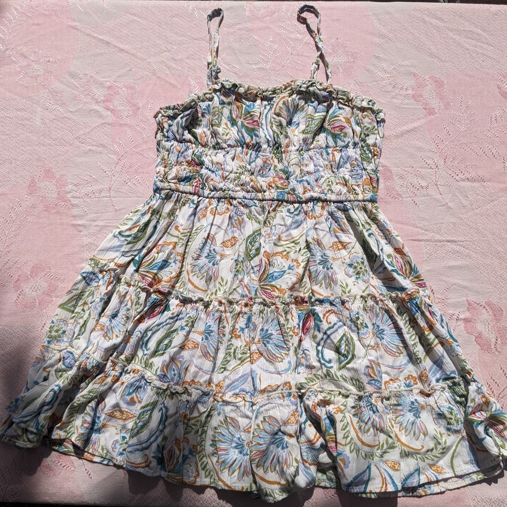 Angie Floral Babydoll Sun Dress M/L White Spaghetti Strap Boho Tiered Sundress - Picture 2 of 11